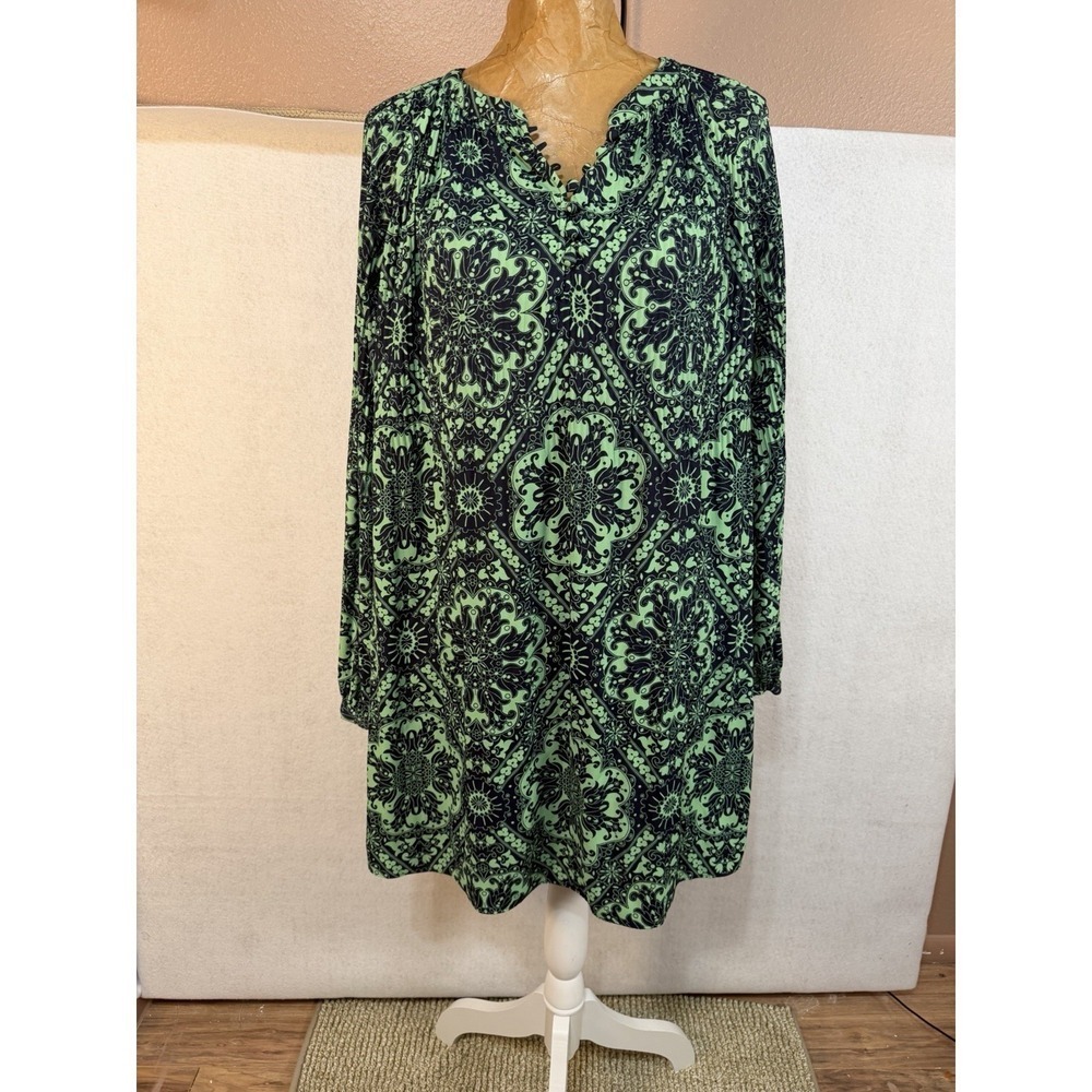 NWT LOFT Women S Mini Swing Dress Accordion Pleat Ornate Green Blue Artsy Travel